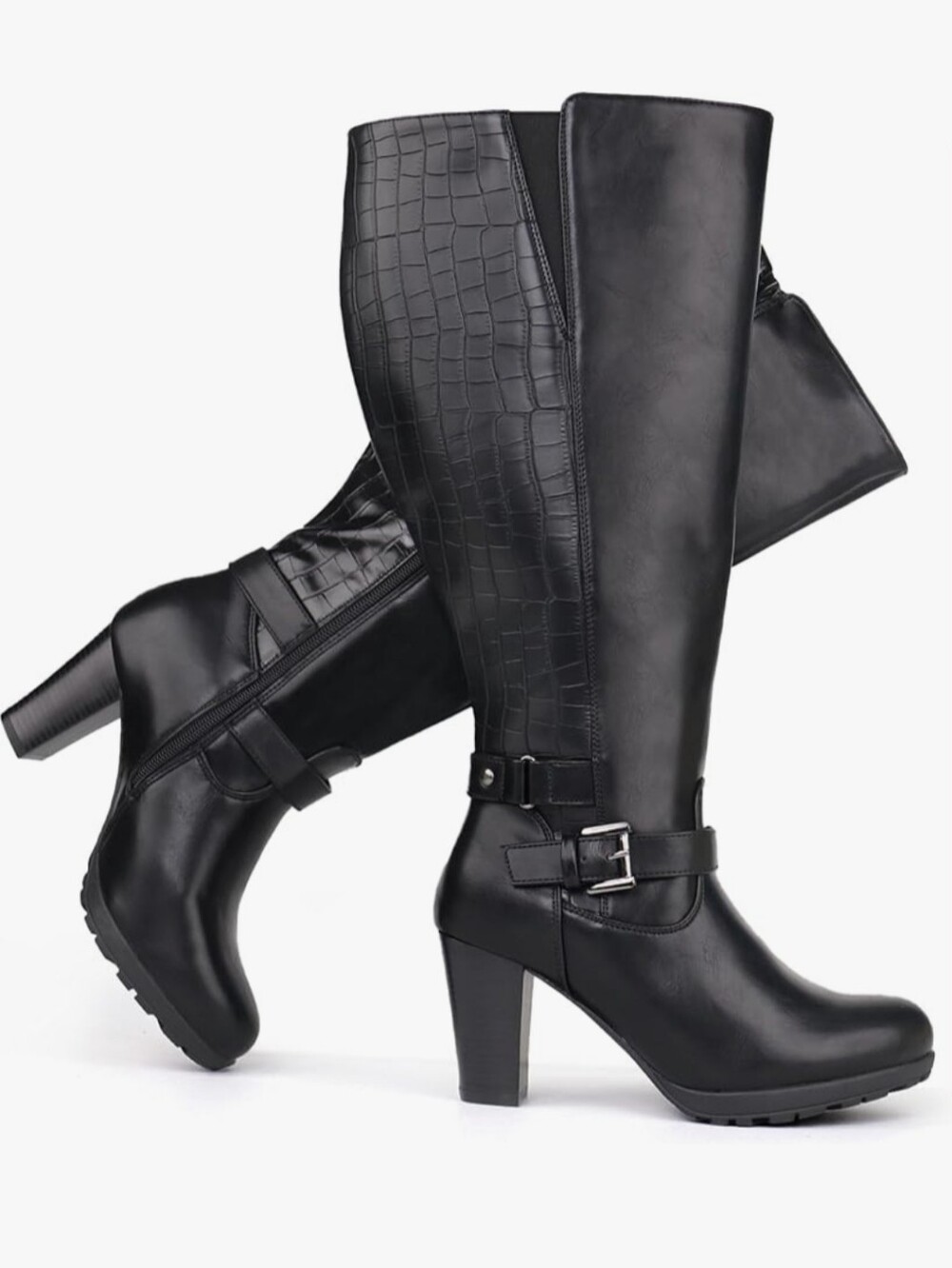 Women's Plus Size Wide Calf High Heel Dress Boots with Ankle Buckle